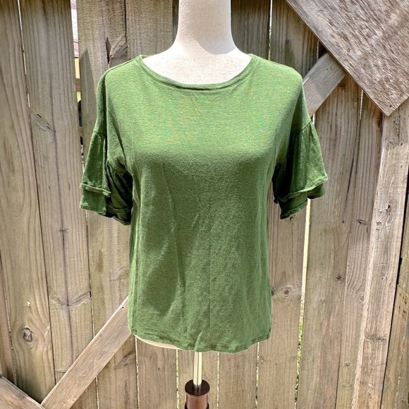 J. Jill Love Linen Flutter Ruffle Stacked Sleeve Forest Green Short Sleeve Top - Picture 4 of 10